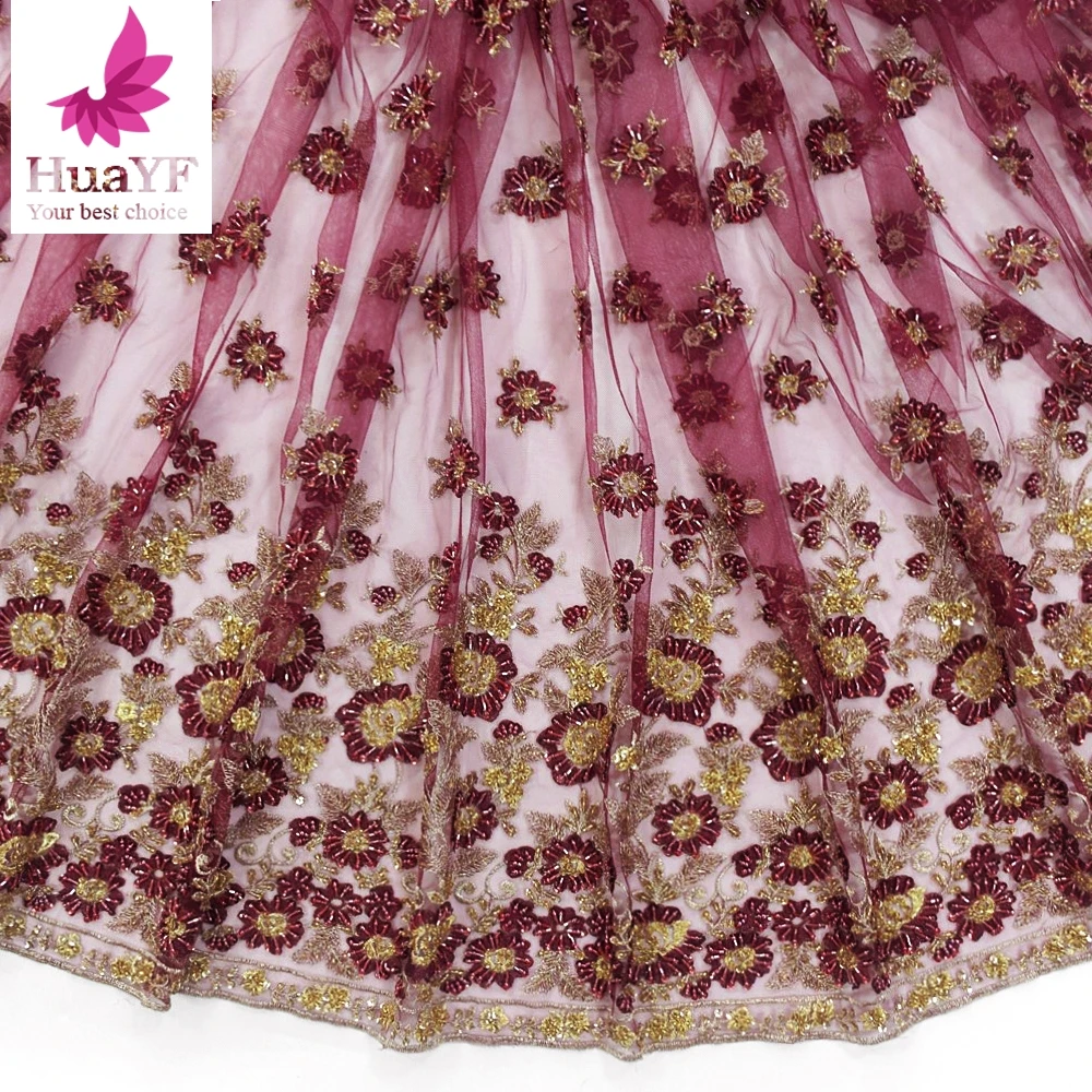 

2023 Top-end African Wedding Dress Fabric Handmade Lace with Complex Sequniu and Embroidery DIY Dress 1 yard HY1311-4