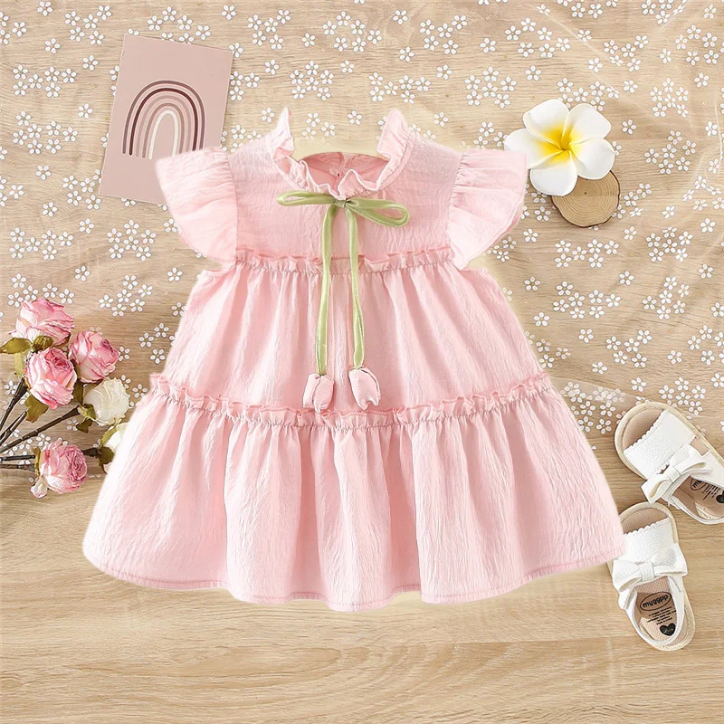 Summer Tulip Solid Small Flying Sleeves Dress For Kids Girl Cute Pink Princess Dress For Baby Kids