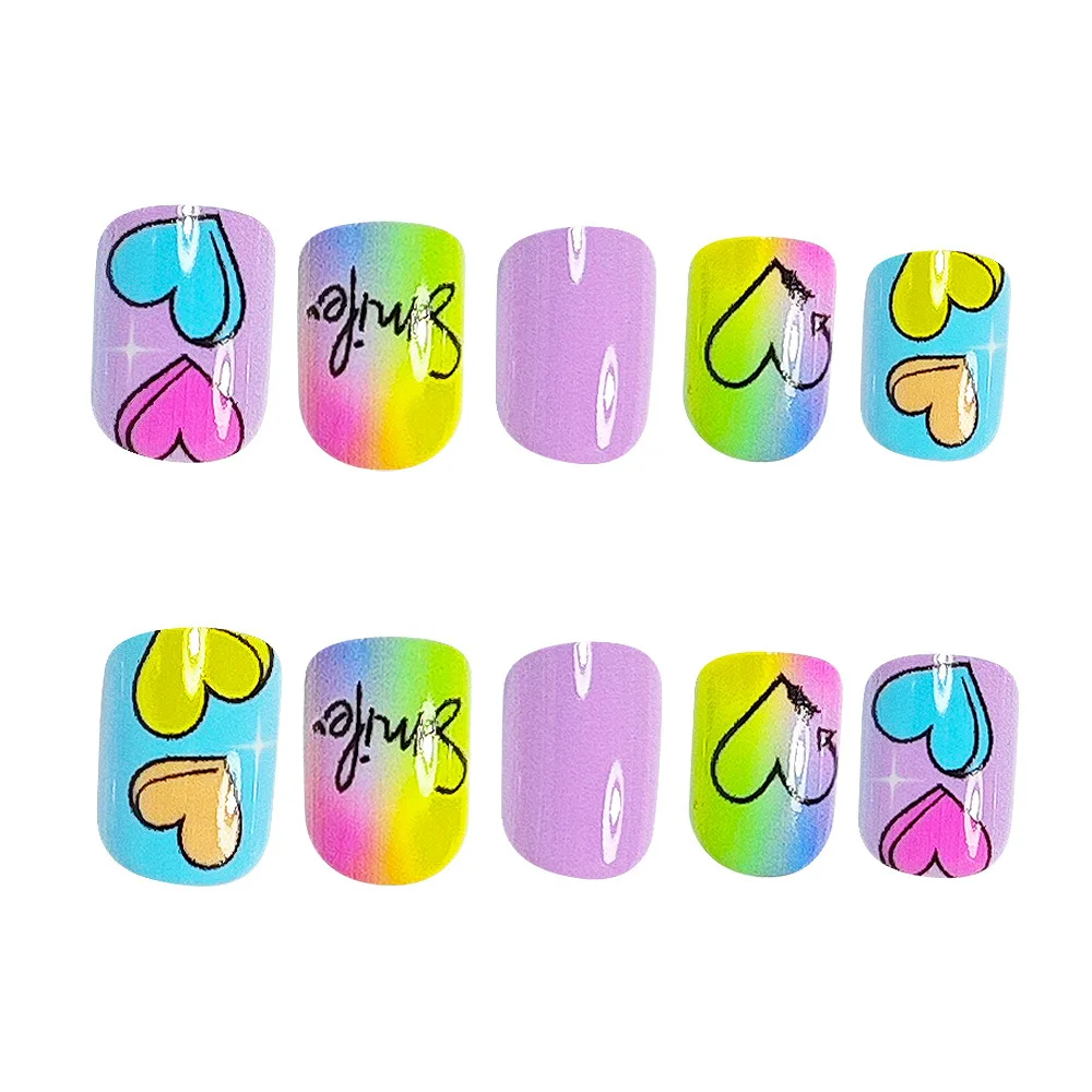 

24PCS Short Square Cartoon False Nails with Love Heart Fake Nails Full Cover Press on Fun Nails for Y2K Macaron Color Sweet Cool