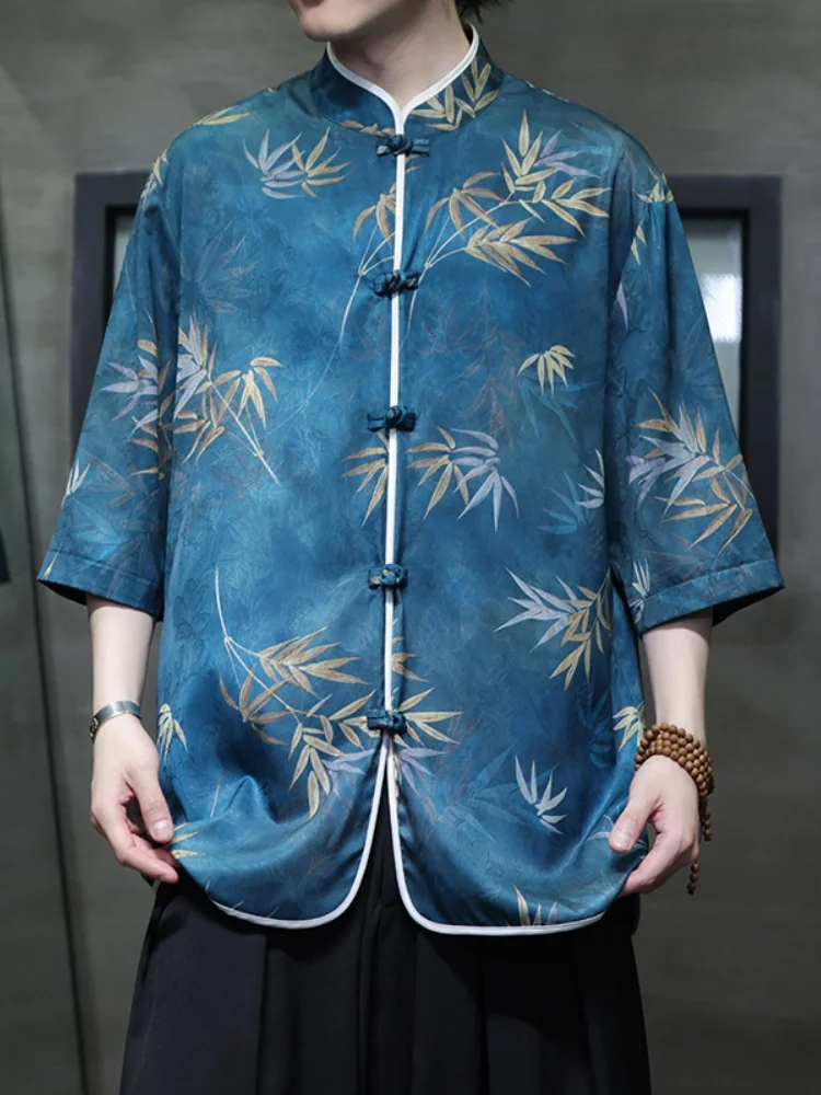 

Мужская летняя футболка из ледяного шелка в китайском стиле, новая, модная, свободного кроя, с принтом, из тонкой ткани, с охлаждающим эффектом, в стиле Ханьфу