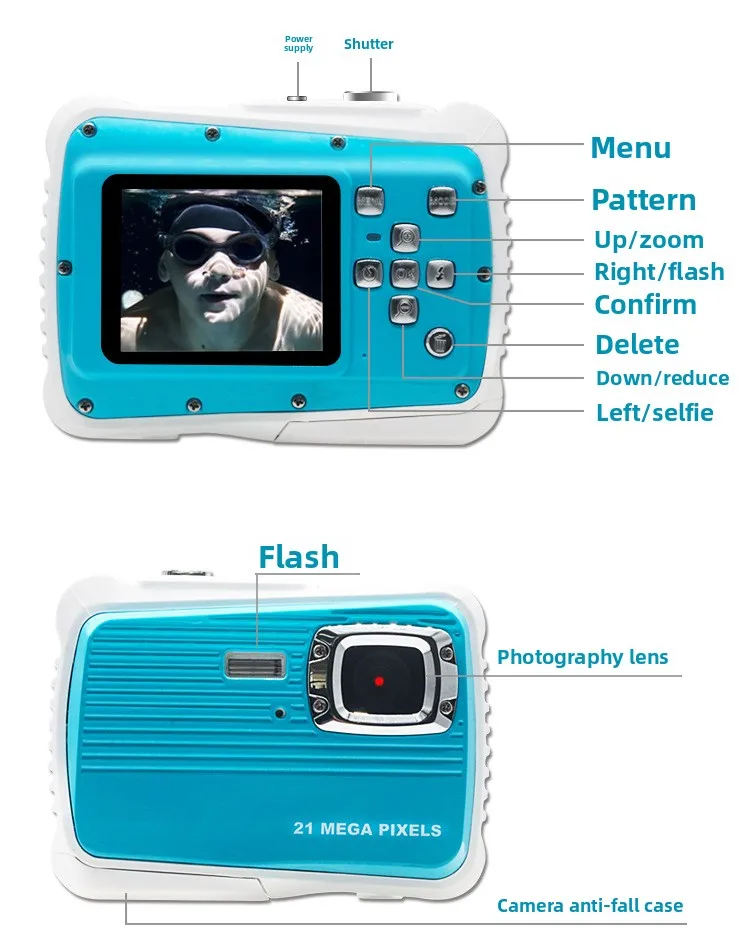 HD waterdichte camera, 21 miljoen pixels, 8x digitale zoom, digitale waterdichte kindercamera