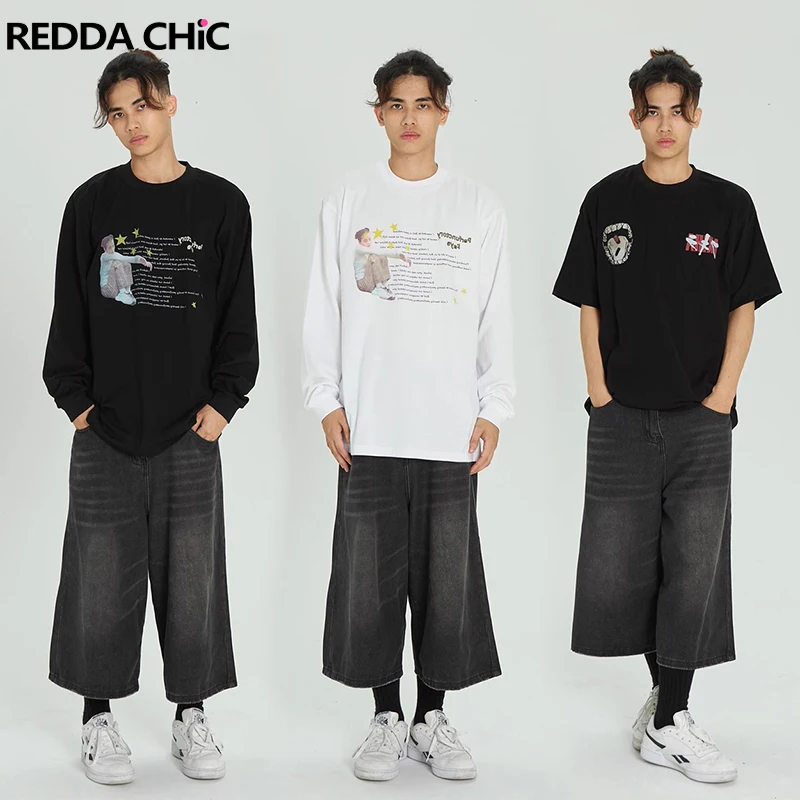 

REDDACHiC Low Waist Wide Leg Jorts for Men Vintage Wash Black Cropped Jeans Frayed Trousers Denim Shorts Casual Oversized Pants