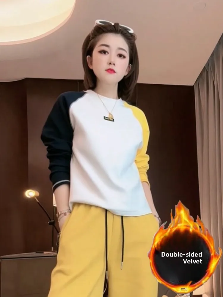 

Double-Sided Velvet Embroidered Color Blo Long Sve T-irt Women's Casual Slim Fit Base irt Autumn Winter New Sle