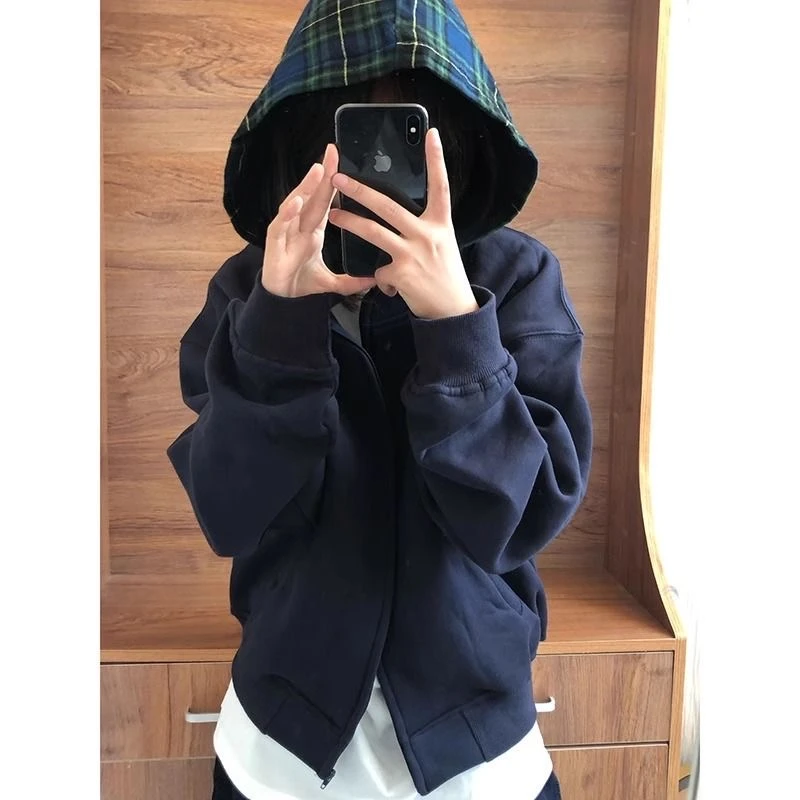 Retro American Plaid Hat Sweatirt Women's Spring Autumn Thin Lazy Sle Design Oversize Open Cardigan Outerwear Top