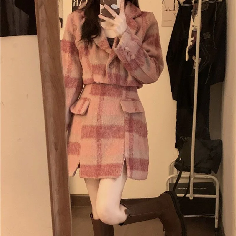 

Korean Temperament Plaid Woolen Jacket Skirt Two-piece Set Women Fashion Lapel Split Soft Thick Gentle Winter Slim Female Suit