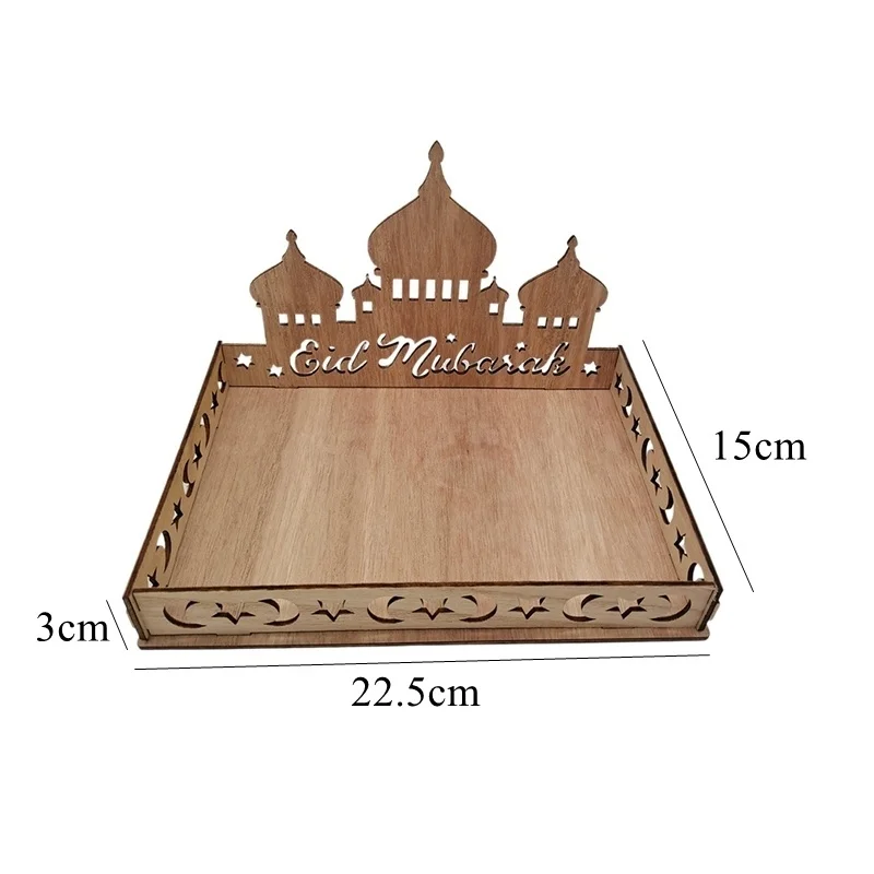 Bandeja de madera Eid Mubarak, soportes de comida de templo de Luna ahuecada para Ramadán Kareem, soporte de comida de fiesta islámica, decoraciones de mesa al-fitr