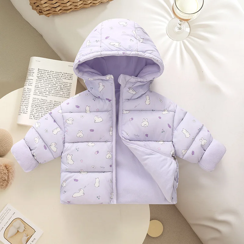 Kids Winter Casual Down Coats Children Cute Cartoon Print Comfrtable Reversible Lambswool Thermal Windproof Hooded Outerwear