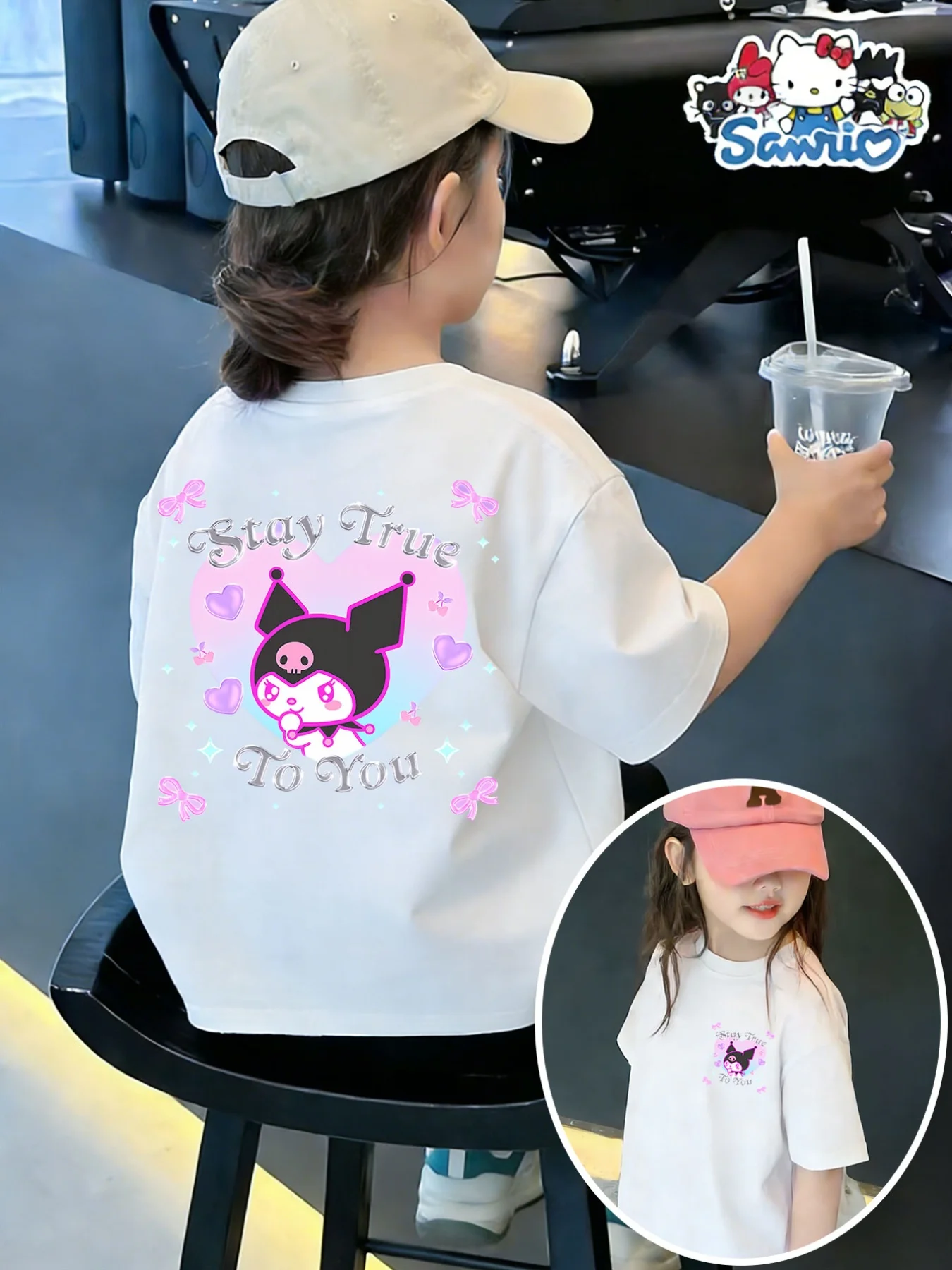 

Летняя футболка оверсайз Kuromi 2026, высокое качество, 100% хлопок, с принтом на спине, унисекс, ретро, повседневная, в стиле Y2K, для взрослых и детей