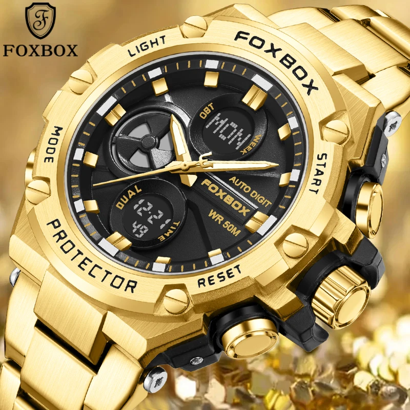 FOXBOX New Watches for Men Top Luxury Brand Big Sports Quartz Watch Mens Stainless Steel Chronograph Clock Relogio Masculino