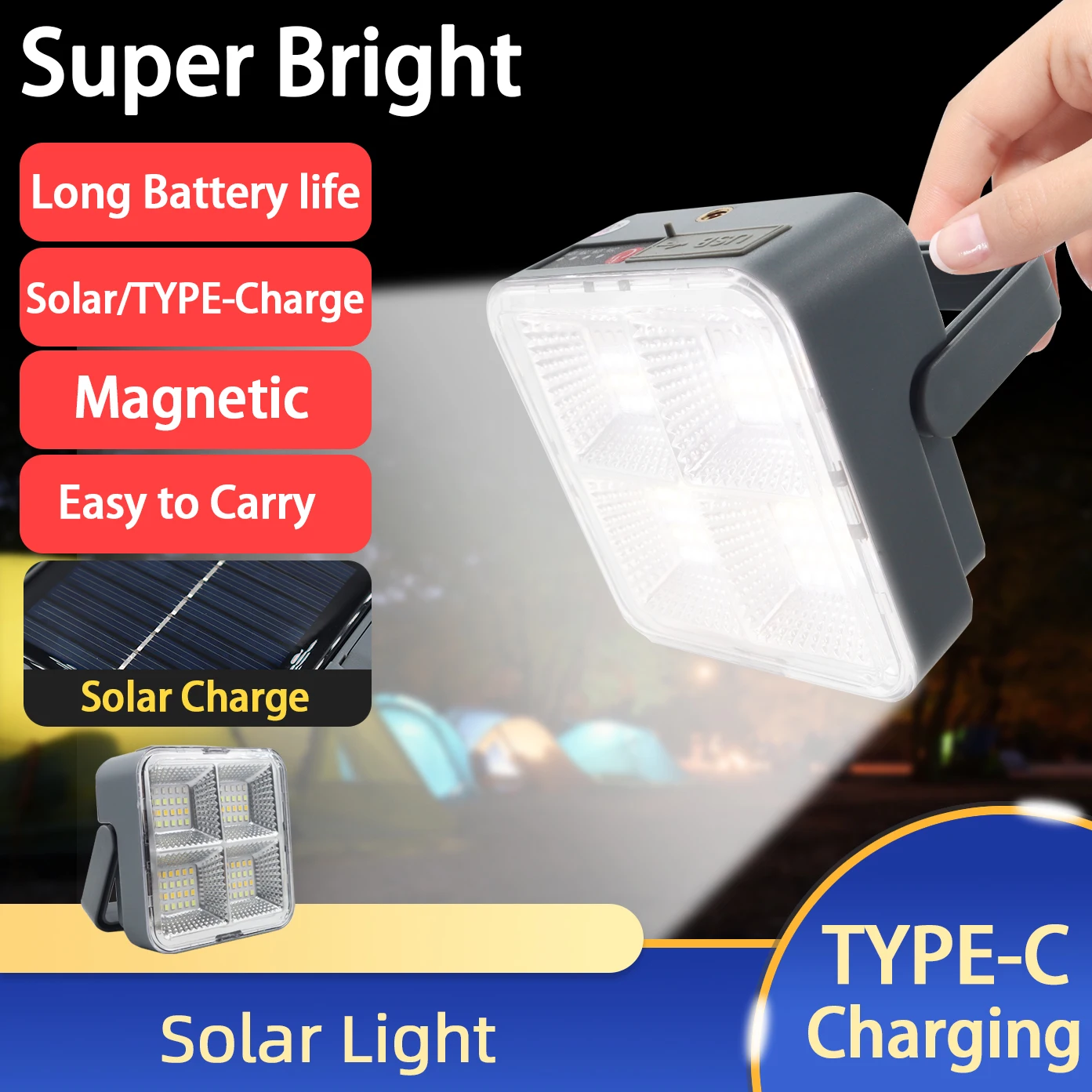 

LED Solar Floodlight Type-c USB Rechargeable Emergency Camping Lantern Outdoor Portable LED Searchlight Spotlight Flood Lamp