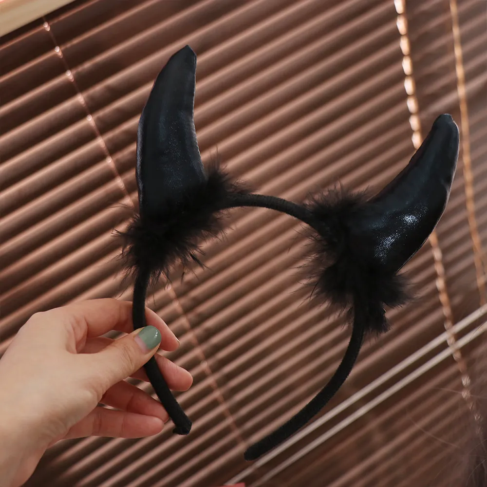 Puffy Black Feather Ox Horns Headband Cosplay Gothic Halloween Hair Band Headpiece Swallow Shaped Demon Hair Hoop Kids