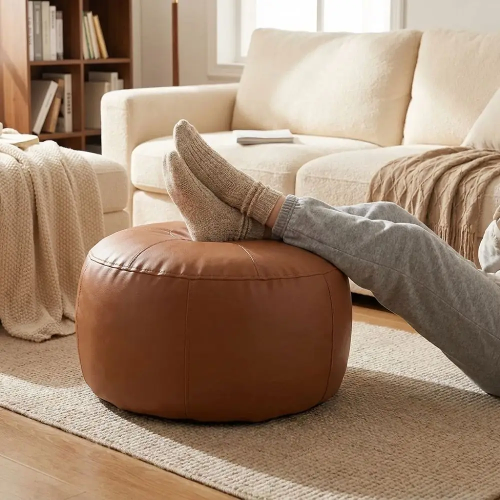 PU Leather Seat Cushion Cover Large Capacity Minimalist Pouf Cover Waterproof Round Ottoman Seat Cover Indoor Use