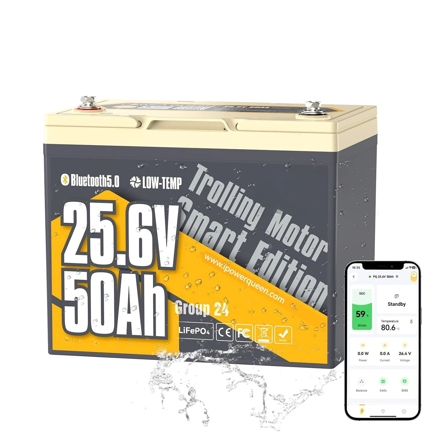 24V 50Ah LiFePO4 Battery with Bluetooth 5.0 Remote Control, Low-temperature Protection, 1280Wh Energy, Deep Cycle, Customized