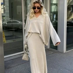 V-neck Knitted Sweater Skirt 2 Piece Set Women 2024 Autumn Fashion Solid Basic Pullover High Waist Long Skirts Warm Loose Outfit