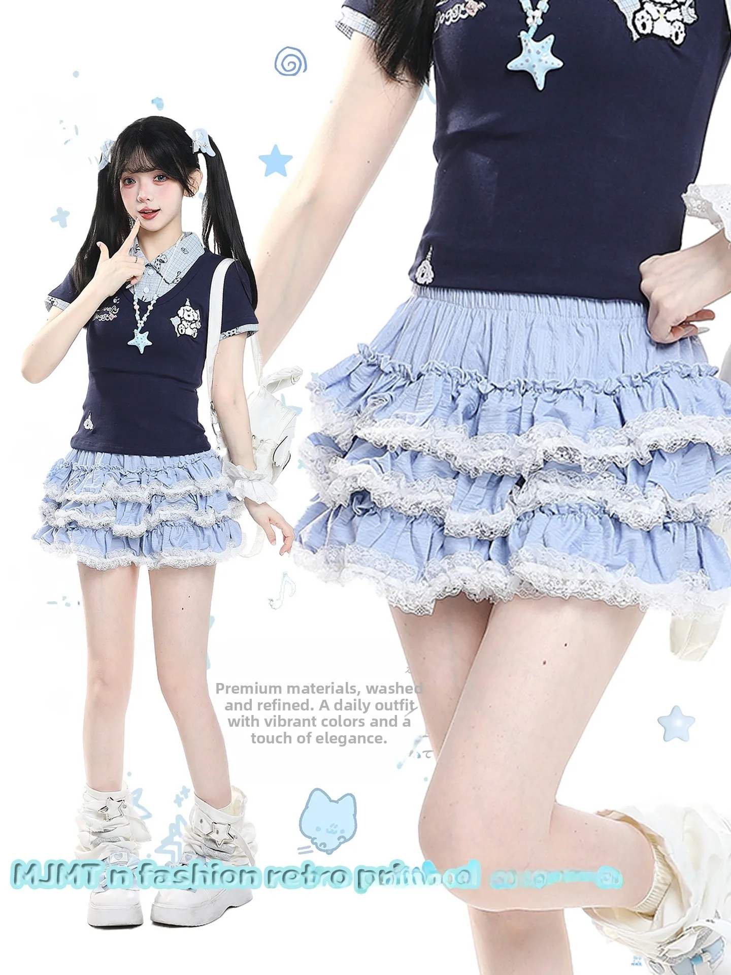 Sweet Korean Style Lace Splicing Ruffle Multi-Layer Cake Short Skirt Half-length Women Summer High Waist A-Line Fluffy Skirt