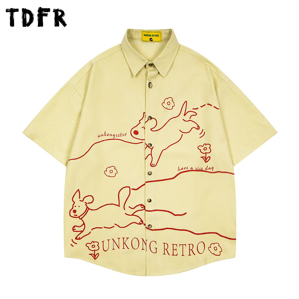 

Puppy Graffiti Print Short Sleeve Striped Shirts Mens Summer Casual Retro Loose Lapel Half-Sleeve Single Breasted Shirts Man