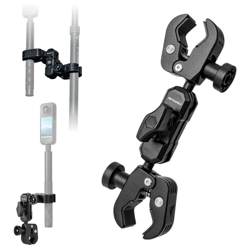 Motorcycle Bicycle Double Clip Crab Clamp Bracket Camera Selfie Stick Monopod Mount Handlebar Stand for Insta360 X4 for GoPro 13
