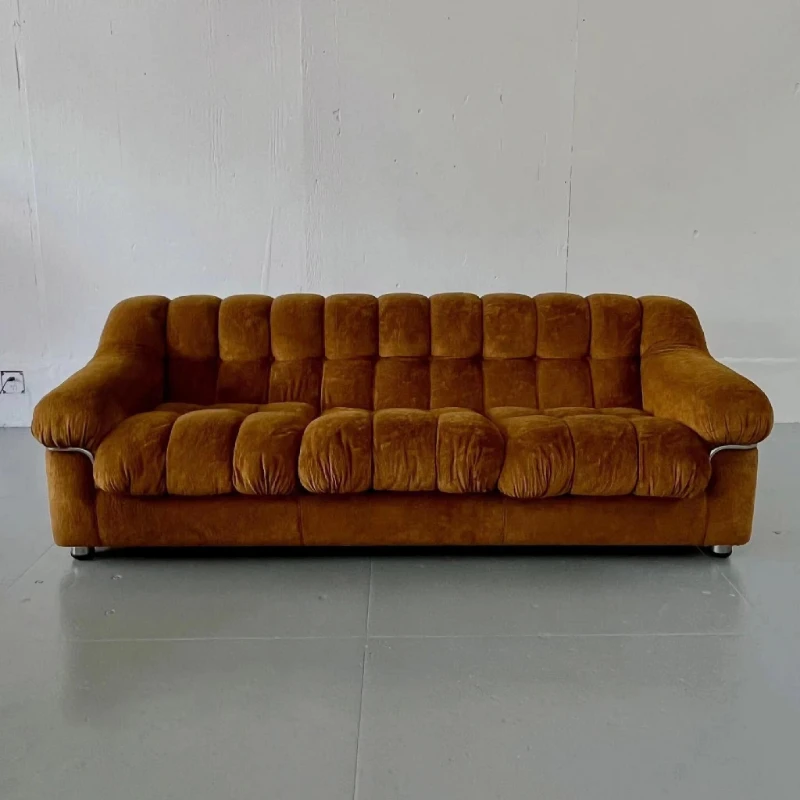 Medieval retro style steel teeth three-seat sofa caramel brown living room designer lazy feeling puff pastry middle-aged style