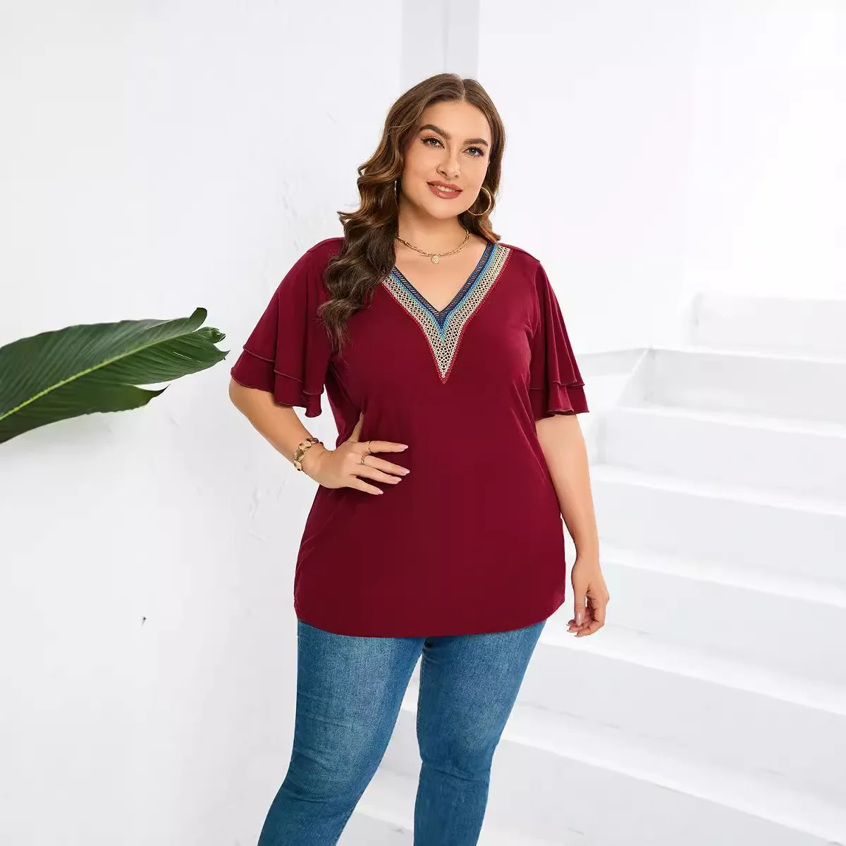 

Plus Size Women V-Neck Short Sleeve Summer T-Shirt Wine Red Loose Casual Top Slimming All-Match Basic Tee for Ladies XL-5XL