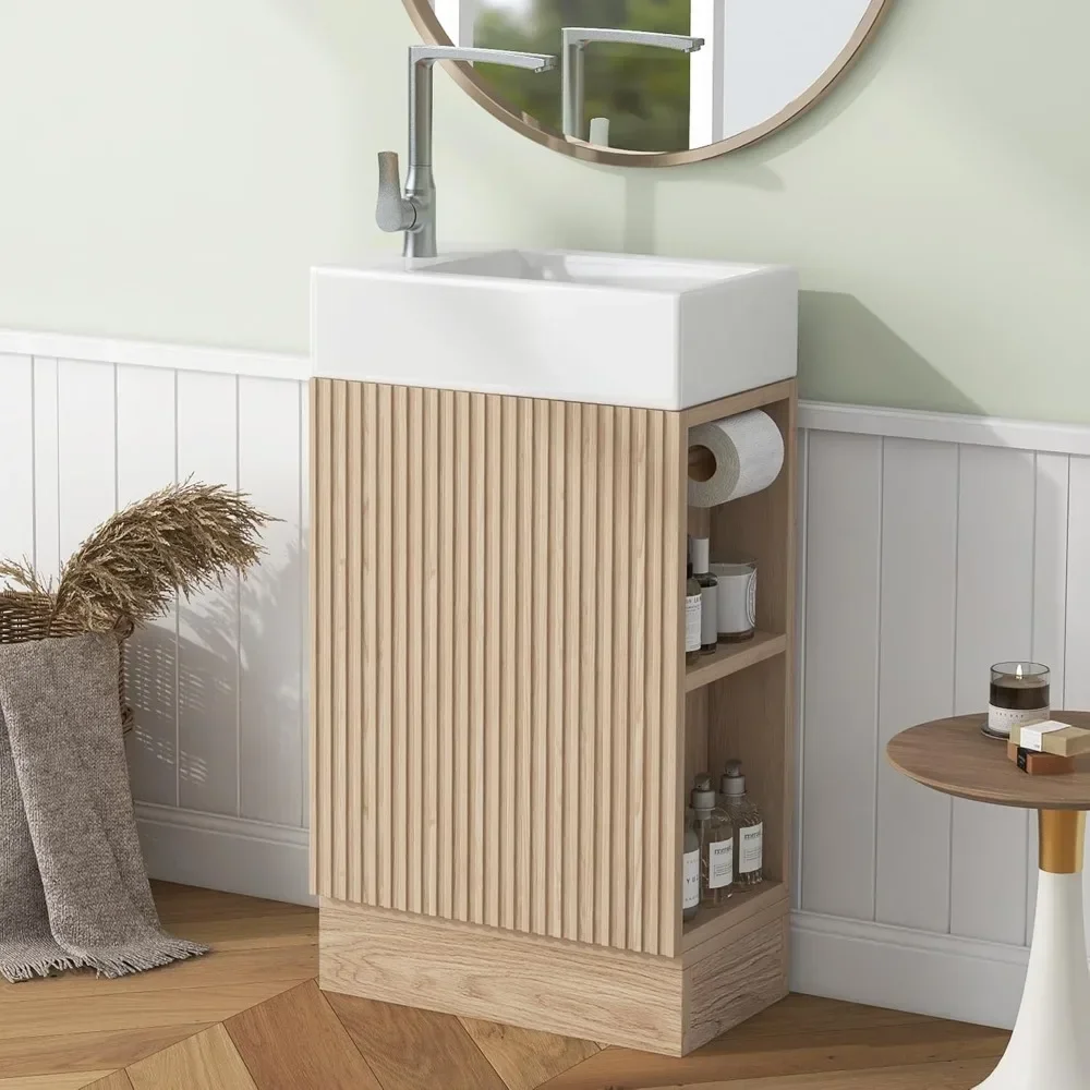 Postmodern Nordic Single Bathroom Vanity 19" Small With Sink,1 Door,Toilet Paper Holder And 2 Tier Shelves,Natural Wood - view 4