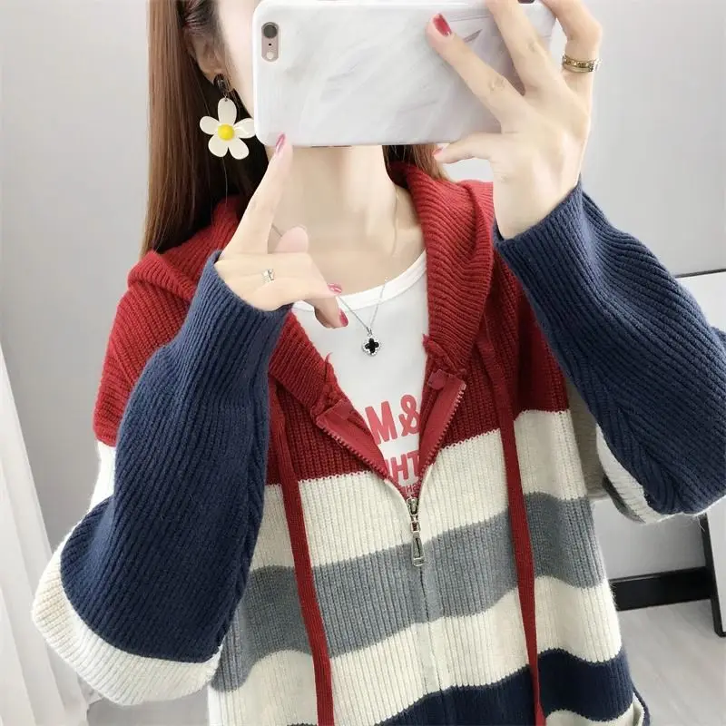 Lazy Style Casual Zipper Hooded Sweater Cardigan Women's Color Blocked Knit Sweater Jacket