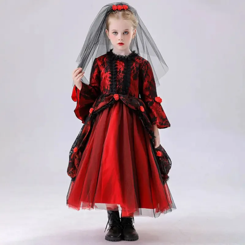طفل العروس تأثيري شبح شيطان الساحرة الأميرة الأحمر الداكن أداء حفلة فستان هالوين مصاص دماء ازياء sk;m1