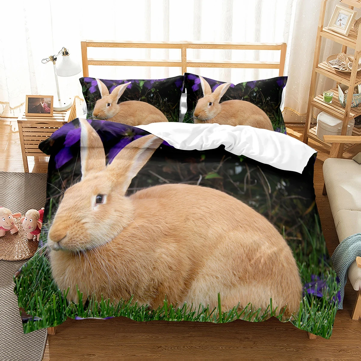 Rabbit Duvet Cover Twin Queen Green Grass Comforter Cover Lovely Pet Animal Bunny Bedding Set Wild Safari Theme Bedroom Decor