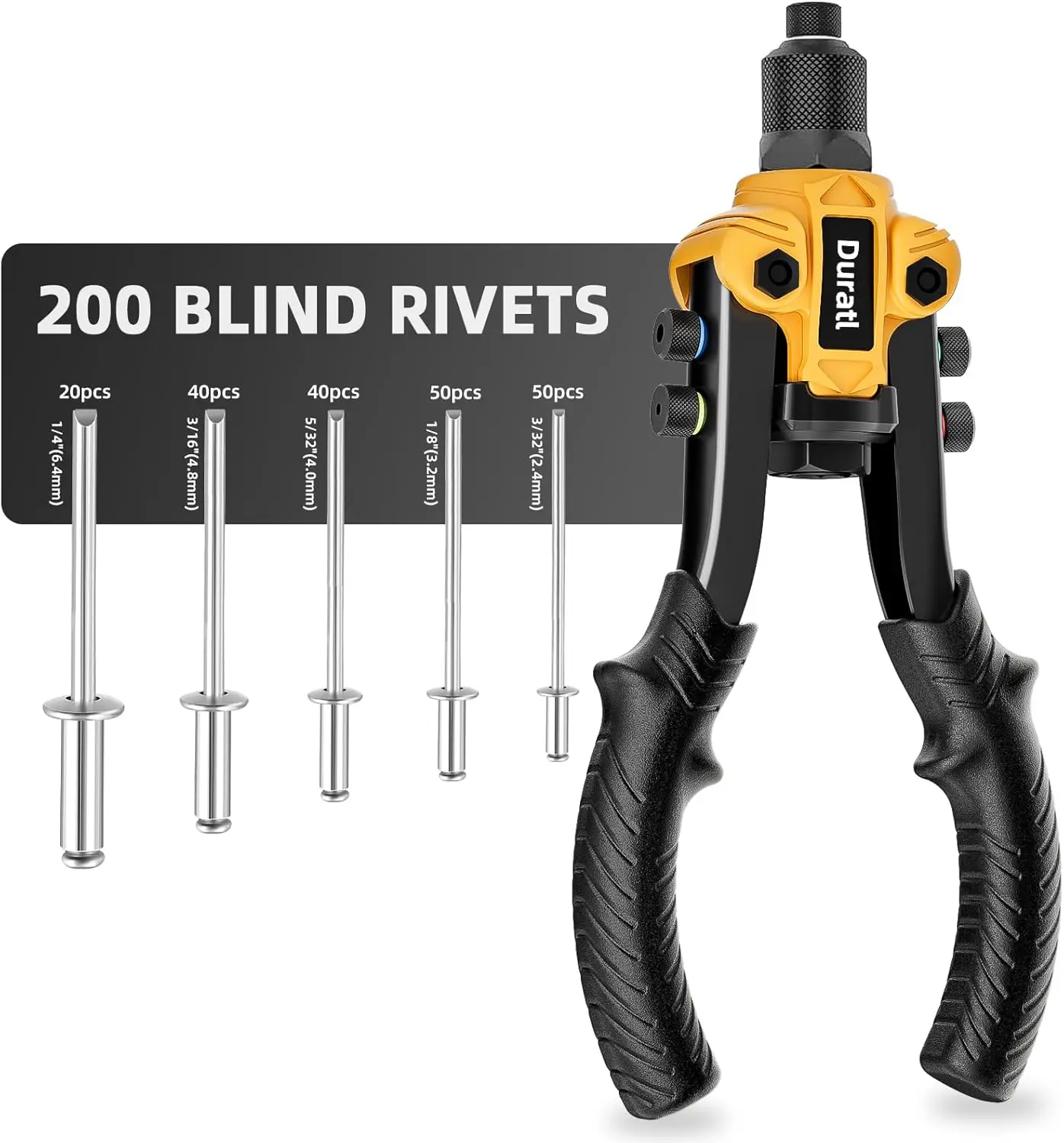 Rivet Gun Kit with 200 Blind Rivets, 5 Heads (3/32' to 1/4'), Heavy Duty Hand Tool for Metal, Gutter, Automotive