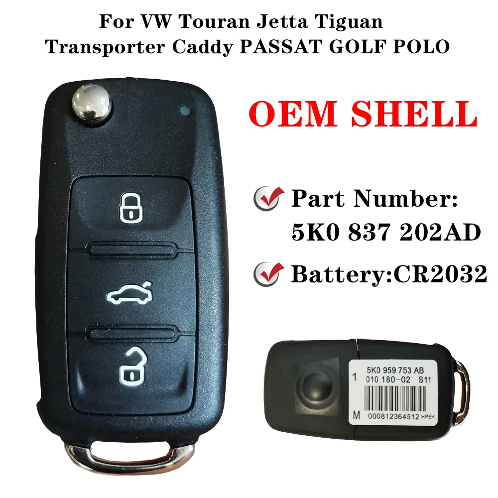 For VW Touran Jetta Tiguan Transporter Caddy PASSAT GOLF POLO 5K0837202AD Original Remote Flip Key Shell Case