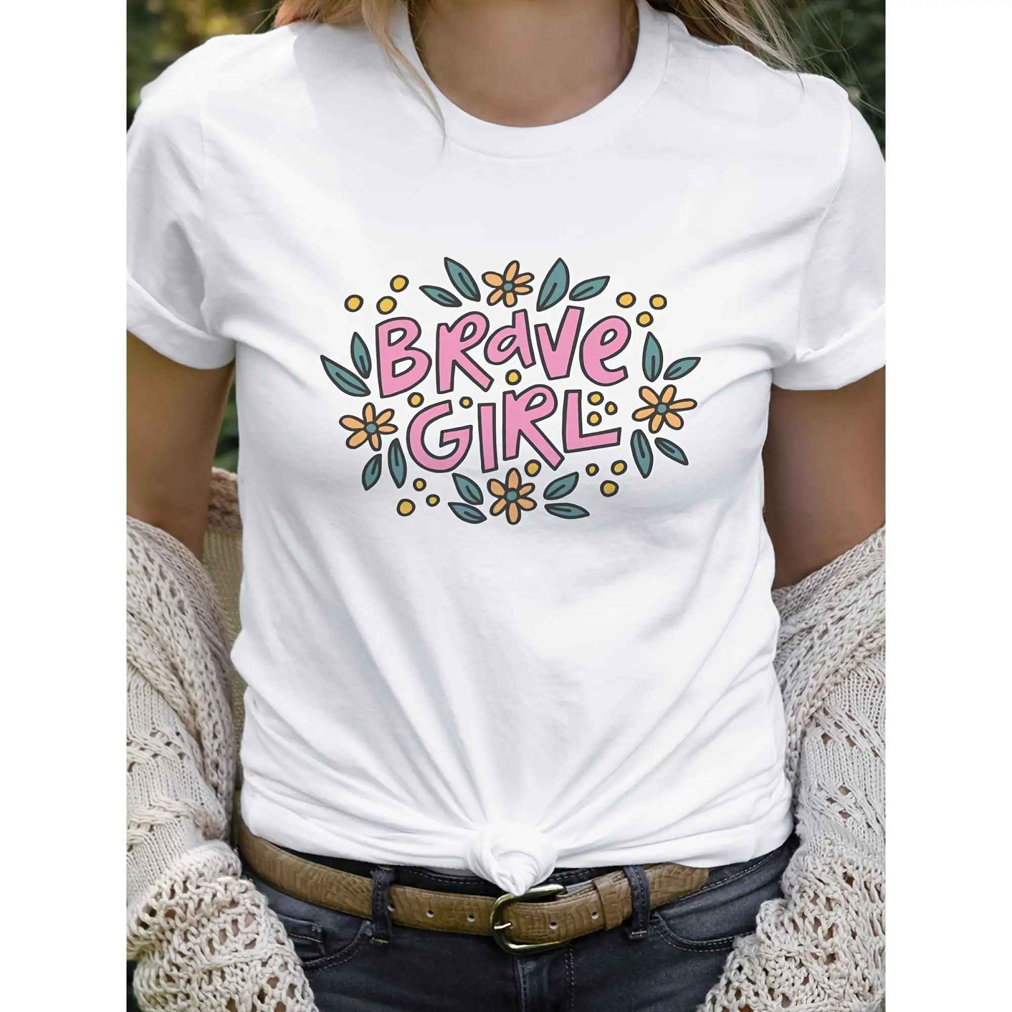 

Brave Girl T-shirt for Women Feminist Graphic Tee Girl Power Slogan Top Cute Flower Wear