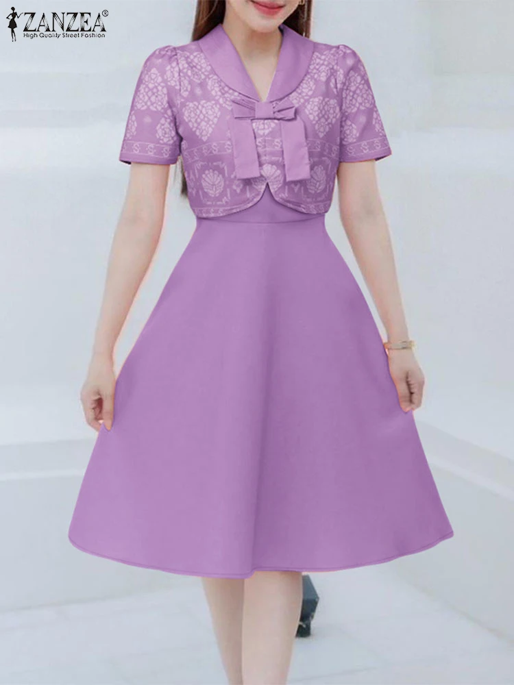 Elegante vestido de fiesta de línea A ZANZEA Vestidos elegantes para mujer 2025 moda de manga corta Patchwork vestido veraniego de trabajo Vestidos de cintura bata