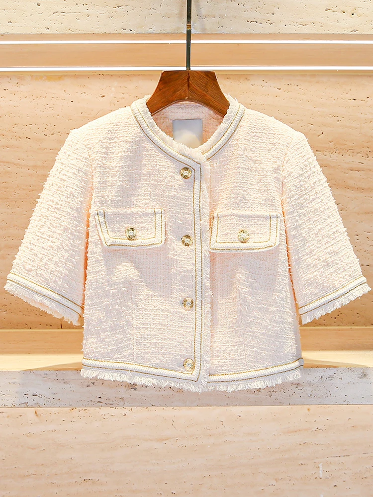 

High-End Women's ort Cardigan Coat with Tassel Splicing Thiened Woolen Spring Commuter Sle Loose Fit round Ne Button