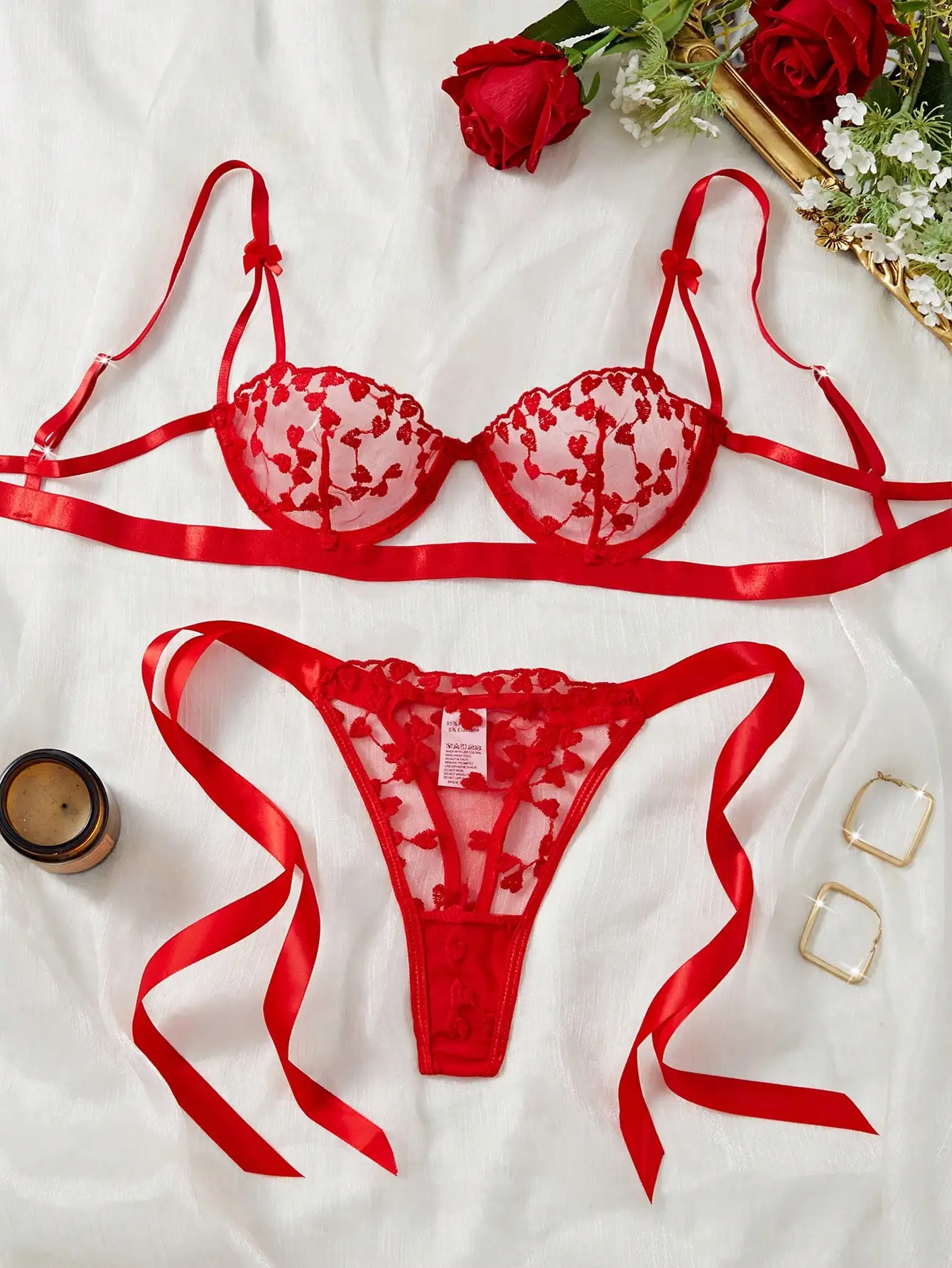 

Red Lace Heart Embroidery Lingerie Set with Adjustable Straps, Sheer Mesh Bra and Thong for Romantic Occasions