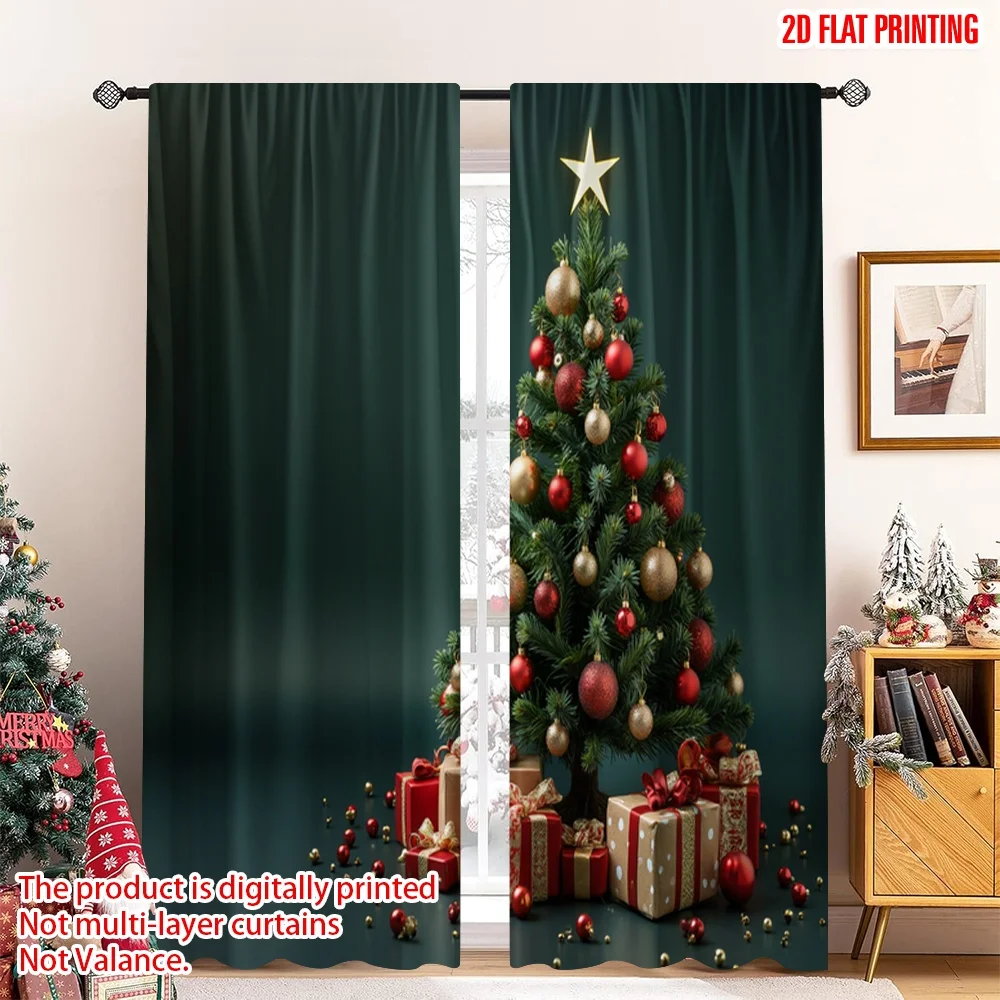 

2pcs 2D flat printing Merry Christmas Window Drapes Festive Christmas Tree Gifts Stars Polyester Without Electricity Spring Use