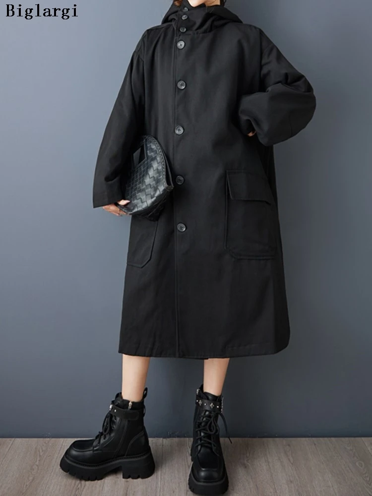 

Oversized Autumn Winter Long Hooded Trench Coat Women Casual Loose Fashion Ladies Windbreak Jackets Ruffle Woman Trench Coats