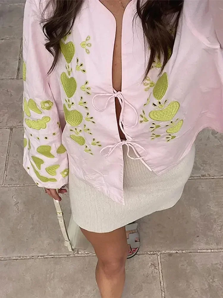 New Round Neck Lace Up Printed Women Shirts Chic Puff Sleeve Female Blouses 2024 Spring Summer Casual Chic Lady Streetwear