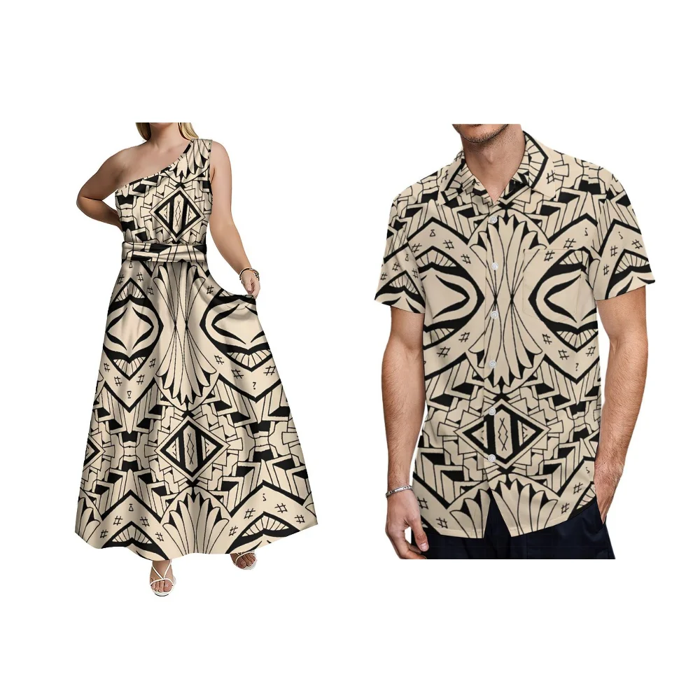 Lace-Up Waist Design Women'S Long Dress Men'S Shirt Custom Polynesian Vintage Print Skin Friendly Soft Fabric Couple'S Dress
