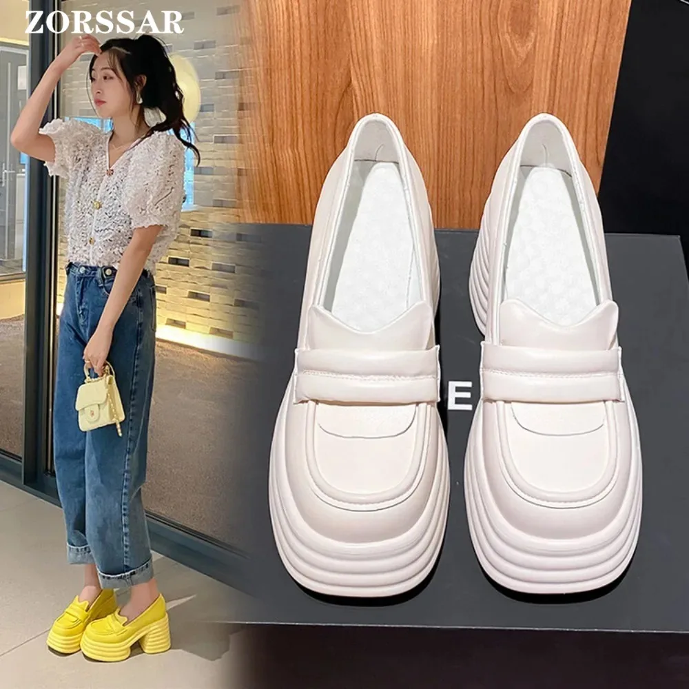 2024 Women Pumps Shoes Platform Casual Uniform High Heel Leather Loafers College Mary Jane Solid Color Pink Yellow Student Shoes