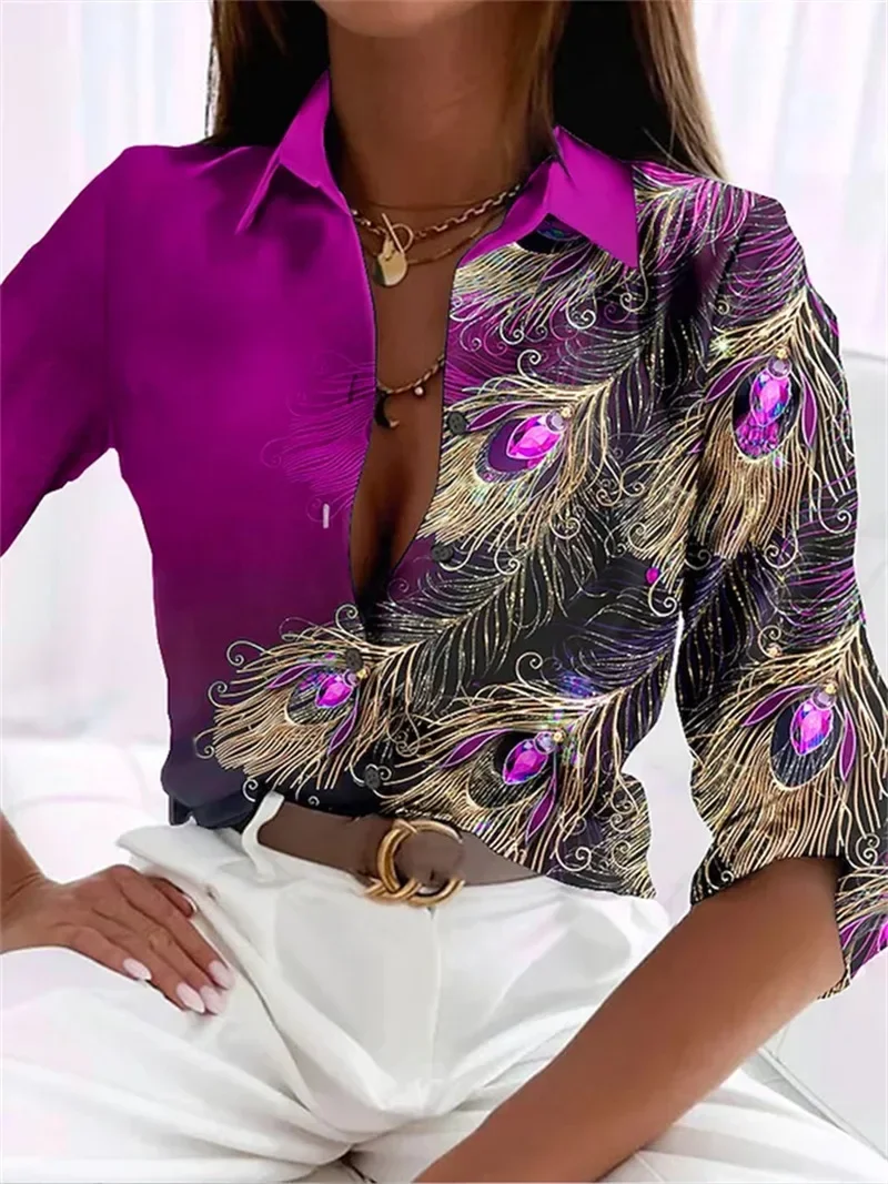 Fashion Feather Pattern Women Shirts Spring Summer Long Sleeve 3D Printed Street Ladies Casual Blouse 3XL Large Size Tops