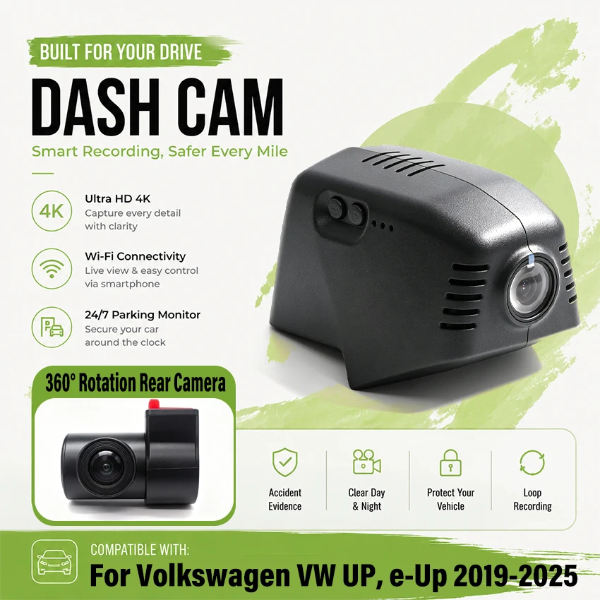 For Volkswagen VW UP, e-Up 2019-2025 Front and Rear Dash Cam for Car Camera Recorder Dashcam WIFI Car Dvr Recording Devices