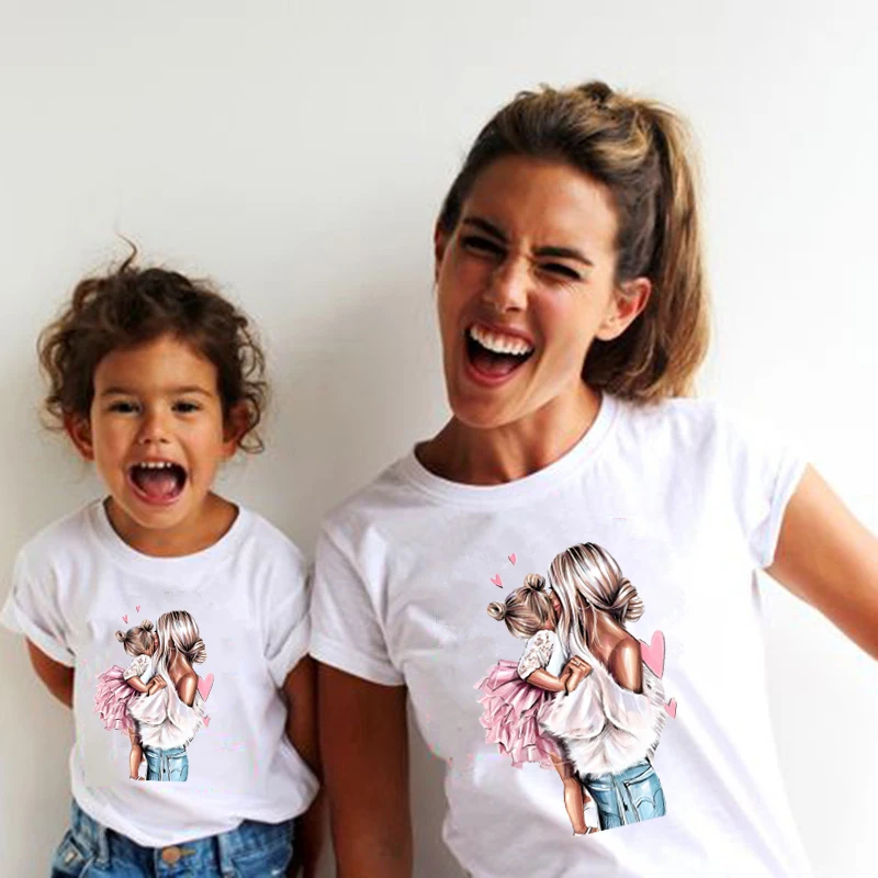 New Mother Kids Family Matching Outfits White Short Sleeve Mother and Daughter Clothes Mommy and Me Family Look Summer Tshirts