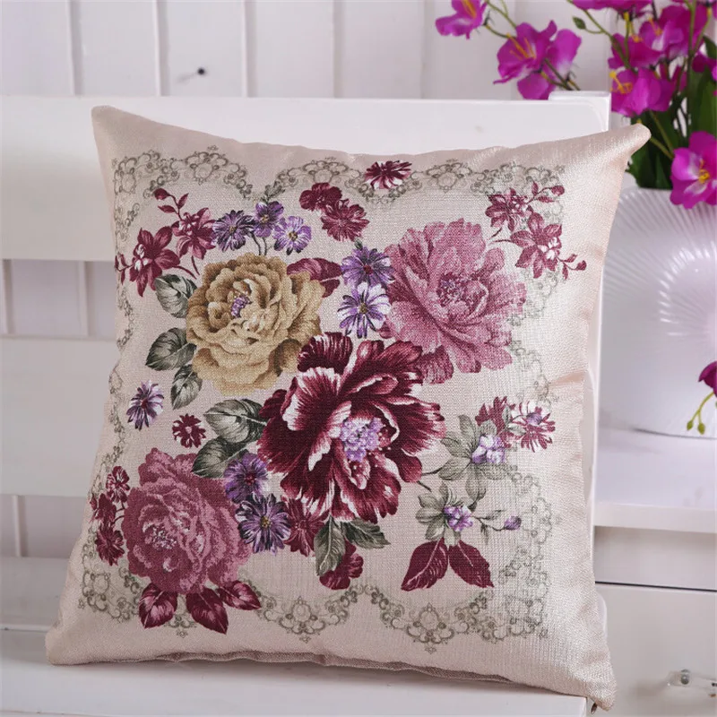 45x45cm Bamboo Linen Vintage Peony Flower Pillowcase Sofa Seat Cushion Cover Home Decoration