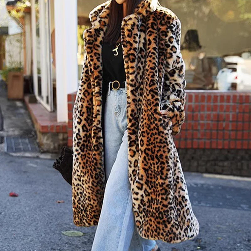 APIPEE High Street Leopard Print Long Faux Fur Coat Fluffy Jacket for Women Winter Faux Rabbit Fur Trench Coat Plush Jackets