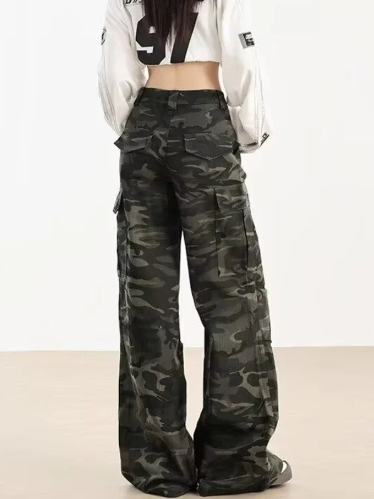 Camouflage Multi-pockets Cargo Jeans Women Vintage Hip-hop Sporty Cool Girls Unisex Personality Streetwear All-match Pantalones