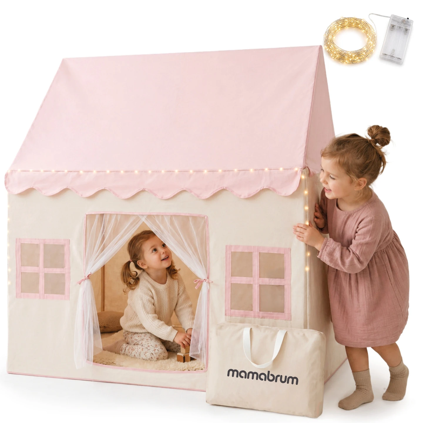 Mamabrum Grote Kinder Tent Speelhuisje Opvouwbaar XXL Kasteel met Led Verlichting Roze voor Kamer en Tuin Speelgoed voor Meisjes 3+