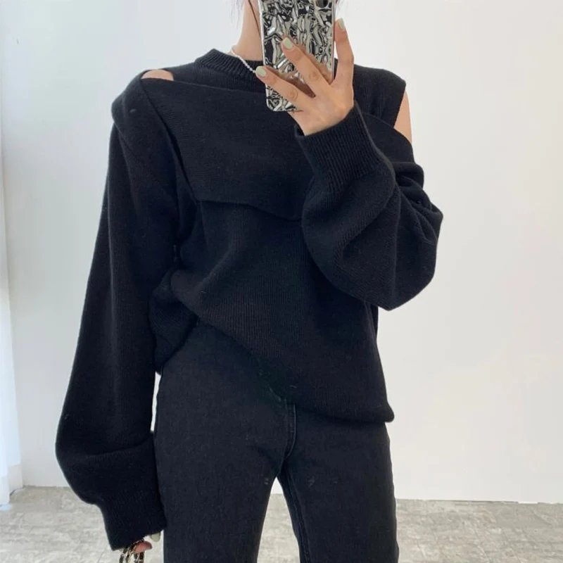 

Sexy Off Shoulder Long Sleeve Pullover Elegant Vintage Irregular Half-High Collar Two Piece Autumn Korean Chic Slimming Knitwear