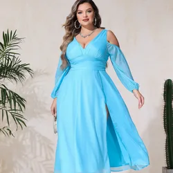 2024 Plus Size kobiety ubiera nowe bez pleców z dekoltem w serek seksowne niebieska suknia wieczorowa modne eleganckie sukienki imprezowe