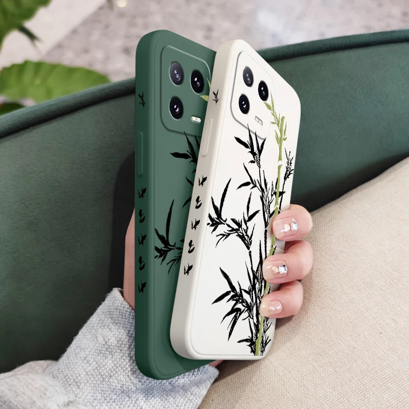 Grüne Bambus-Handyhülle für Xiaomi Mi 15 14 14T 13 13T 12 12X 12T 12S 11 11T 10 10T 9 9T Pro Lite Flüssigsilikonhülle