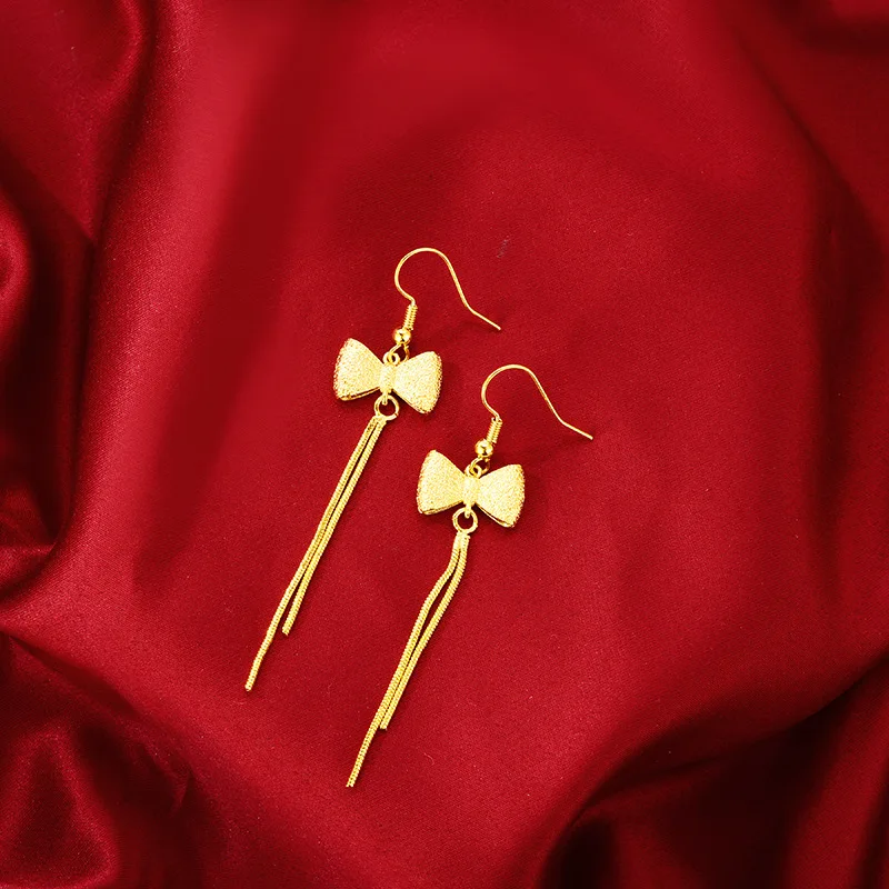 

Noble AU999 gold earrings for brides, simple and elegant 24K pure gold tassel earrings for cocktail parties