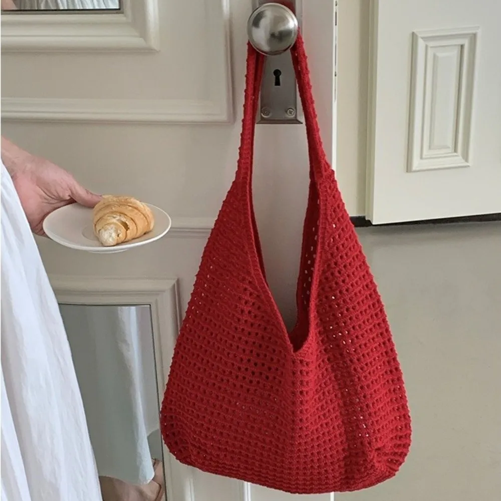 

Solid Color Knitted Shoulder Bag Bohemian Style Large Capacity Crochet Mesh Tote Bag Convenient Spacious Woven Handbag Vacation